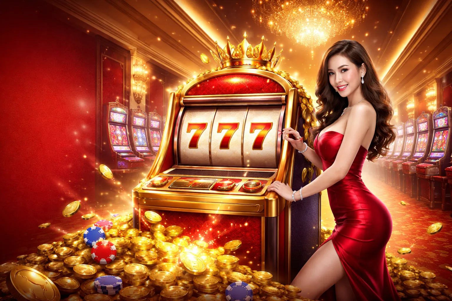 Máy đánh bạc rực rỡ với biểu tượng tiền vàng và hiệu ứng nổ hũ tại banca29 chính thức